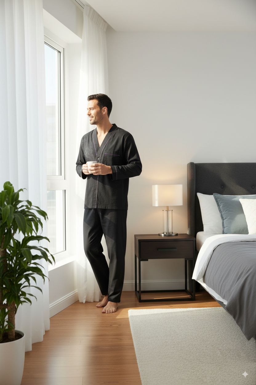 Oppland Erkek Pijama Takımı %100 İpek Kumaş Klasik Model Cepli Rahat Tam Kalıp